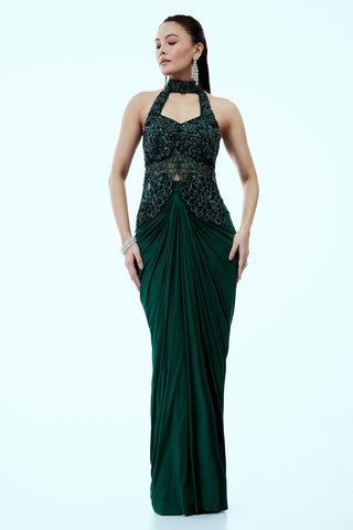 Bottle Green Satin Indo Western Set with Cutdana and Sequins Work