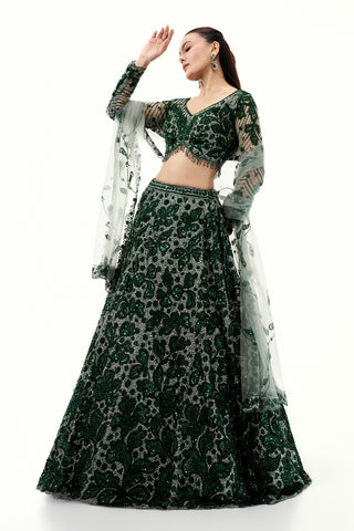 Bottle Green Shimmer Lehenga with Sequins, Bead and Cutdana Work