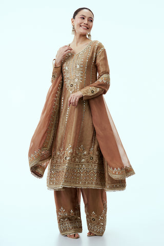 Bronze Tissue Silk Anarkali Suit and Dupatta with Gota Work