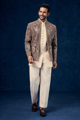 Brown and Cream Raw Silk Mens Jodhpuri Set with Sequin and Zari Work