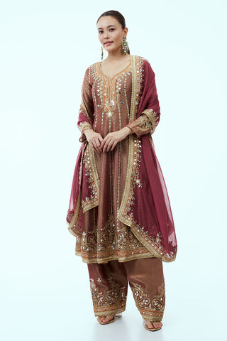 Brown Chanderi Tissue Anarkali Suit with Maroon Dupatta and Mirror Work