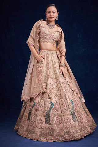 Brown Gold Raw Silk Bridal Lehenga with Zardozi and French Knot Work