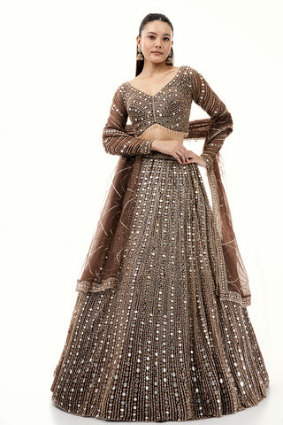Brown Lehenga with Zari and Mirror Work