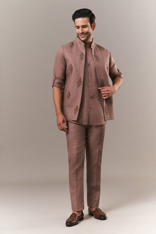 Brown Linen Mens Kurta Jacket Set with Parsi Work