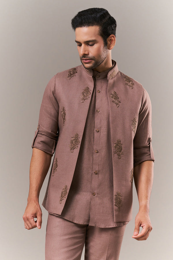 Brown Linen Mens Kurta Jacket Set with Parsi Work