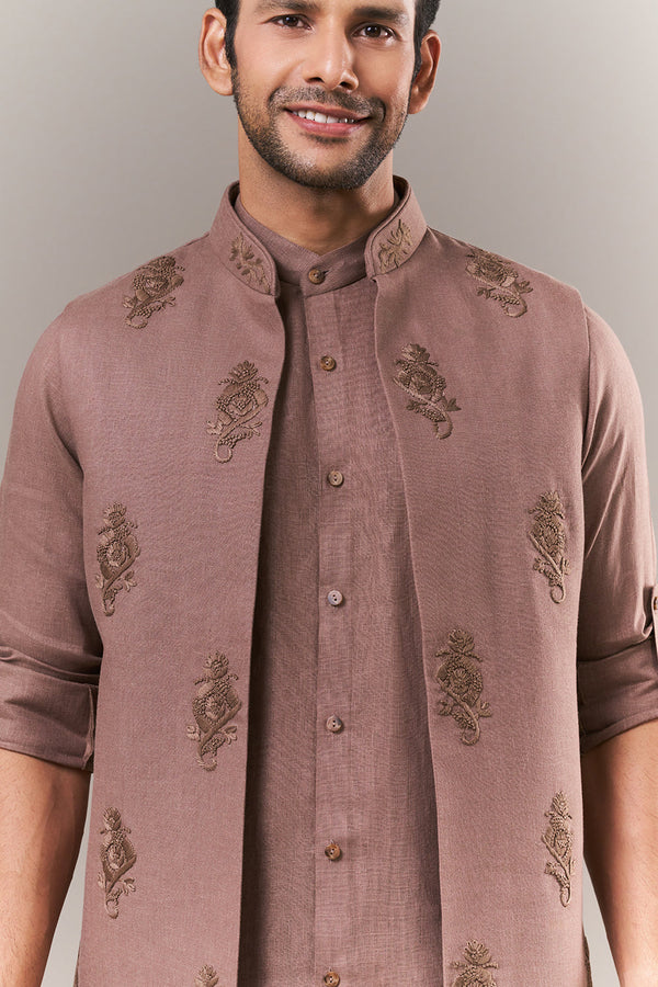 Brown Linen Mens Kurta Jacket Set with Parsi Work