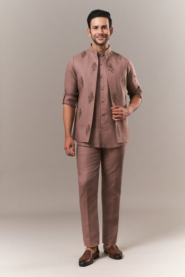 Brown Linen Mens Kurta Jacket Set with Parsi Work