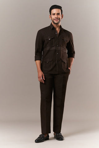 Brown Linen Mens Suit with Thread Work
