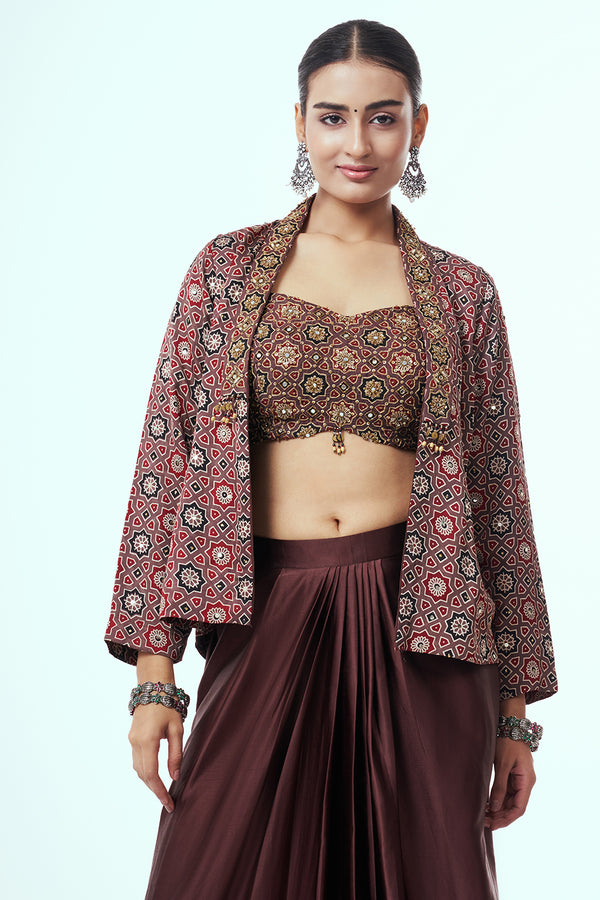 Brown Modal Indo-Western Set with Mirror Work
