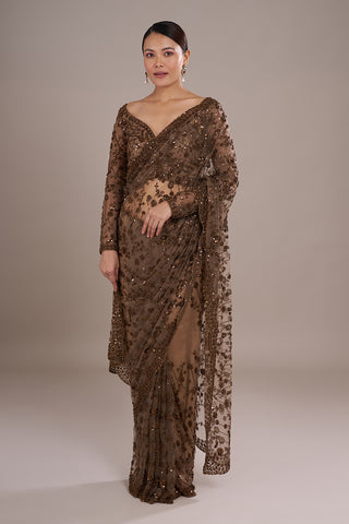 Brown Net Saree with Sequin Embroidery and Stitched Blouse