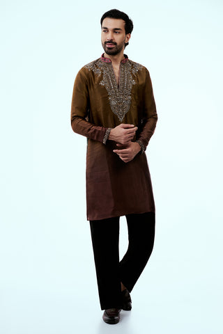 Brown Ombre Tissue Organza Mens Kurta Set with Metallic Handwork