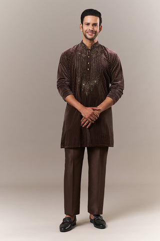 Brown Velvet Mens Kurta Set with Cutdana and Sequins Work