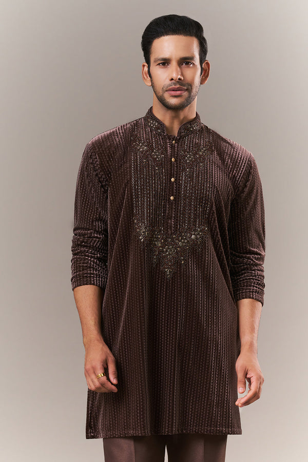 Brown Velvet Mens Kurta Set with Cutdana and Sequins Work