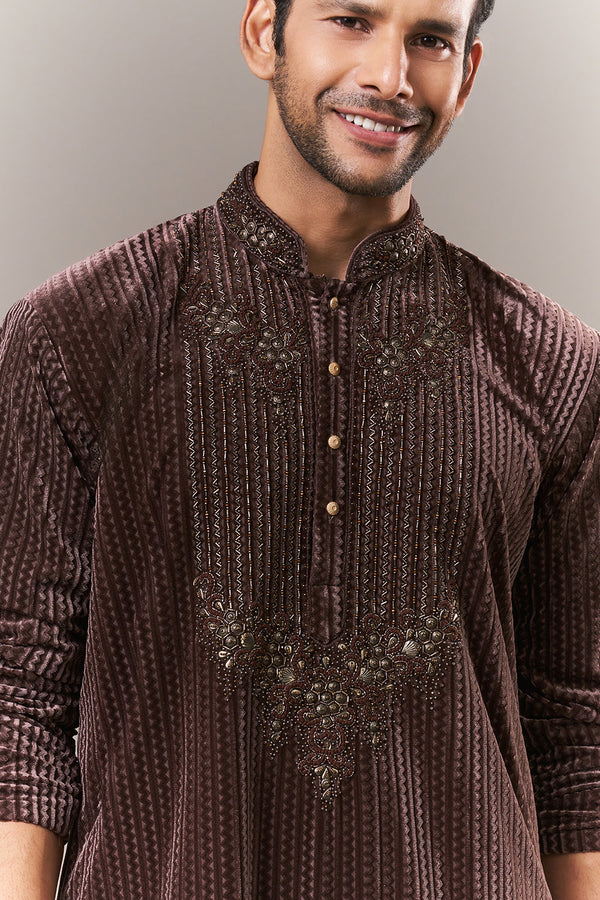 Brown Velvet Mens Kurta Set with Cutdana and Sequins Work