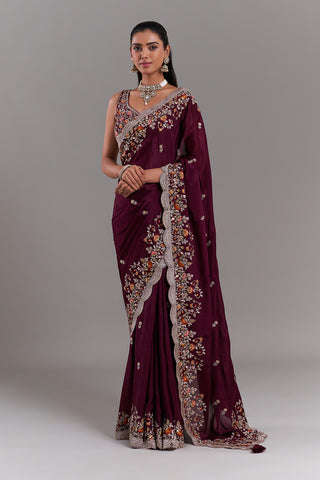 Burgundy Crepe Embroidered Saree with Stitched Blouse