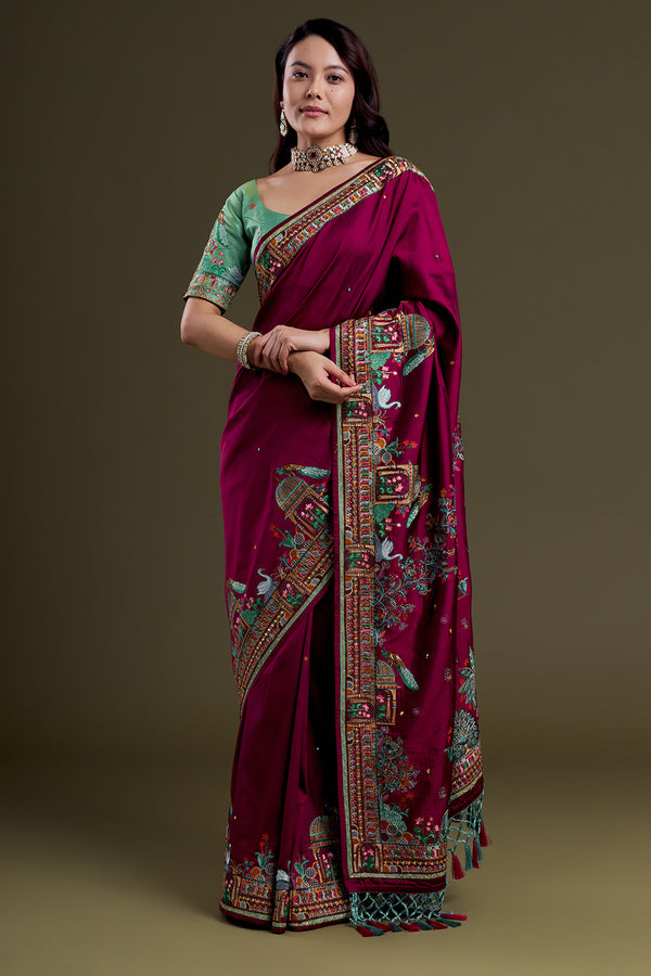 Burgundy heritage-embroidered silk saree