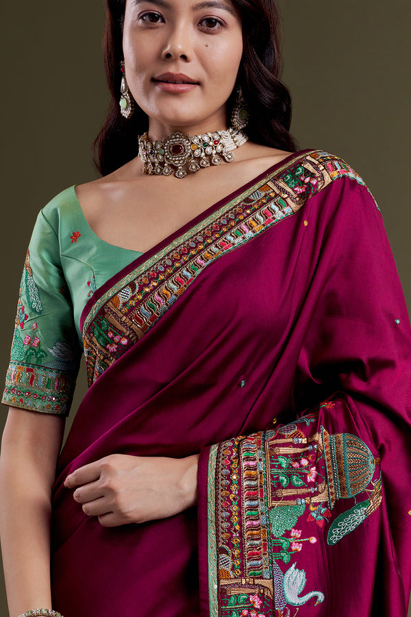 Burgundy heritage-embroidered silk saree