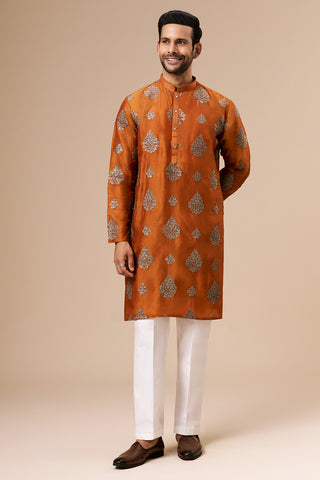 Burnt Orange Art Silk Mens Kurta Set with Zari and Sequin Work