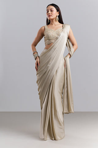 Champagne Beige Drape Saree with Embellished Blouse