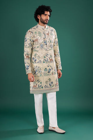 Champagne Beige Men's Embroidered Silk Blend Kurta Set