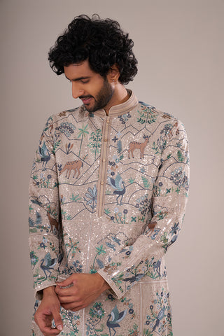 Champagne Beige Men's Silk Blend Kurta Set with Nature-Inspired Embroidery
