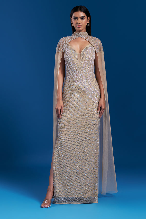 Champagne Gold Cape Gown with Bead Embroidery