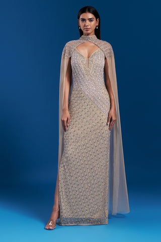 Champagne Gold Cape Gown with Bead Embroidery