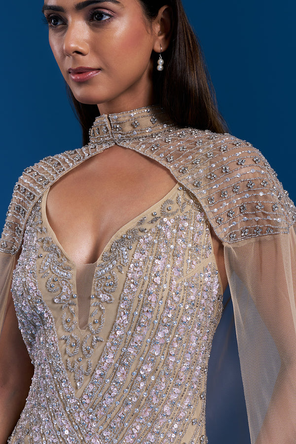 Champagne Gold Cape Gown with Bead Embroidery