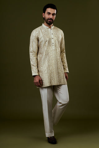 Champagne Gold Shimmer Tissue Mens Kurta Set with Intricate Sequins and Zari Detailing