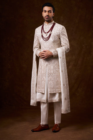 Champagne Nokia Silk Groom’s Sherwani with Zari Work