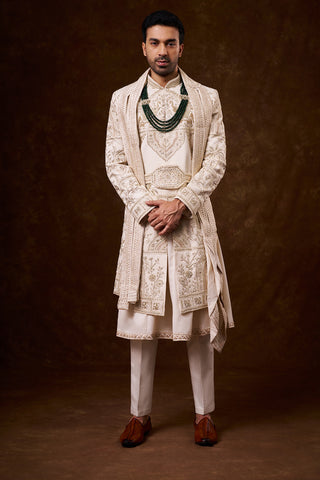 Champagne Tussar Silk Groom’s Sherwani with Zardozi Work
