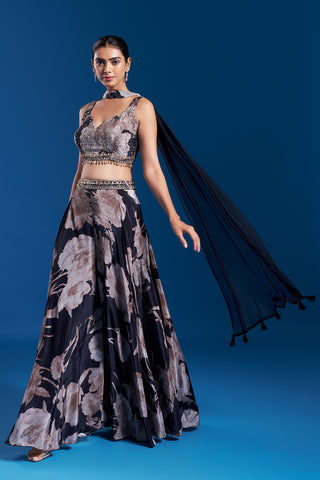 Charcoal Black Crepe Skirt Set with Floral Print
