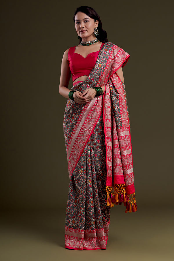 Charcoal Grey and pink Heritage Woven Saree