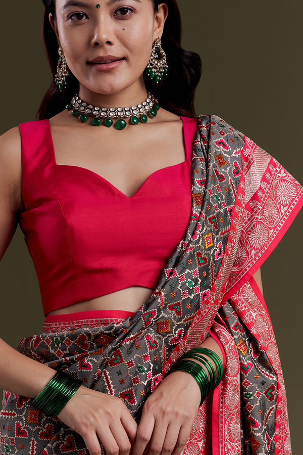 Charcoal Grey and pink Heritage Woven Saree