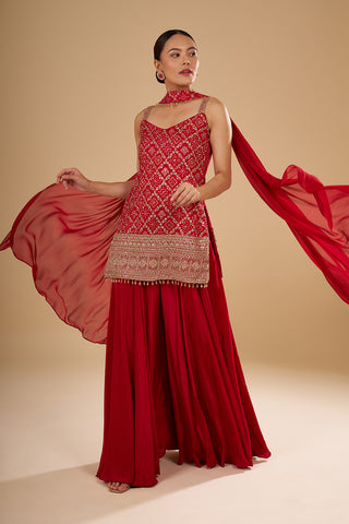 Cherry Red Banarasi Bandhani Kurta Set with Gold Sequin, Pearl and Crystal Hand Embroidery
