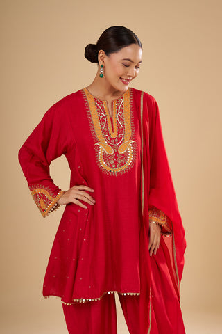 Cherry Red Raw Silk Peplum Kurta with Silk Tulip Pants and Mirror Work Dupatta