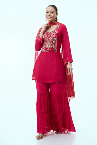 Cherry Red Cotton Silk Sharara Suit with Resham Embroidery