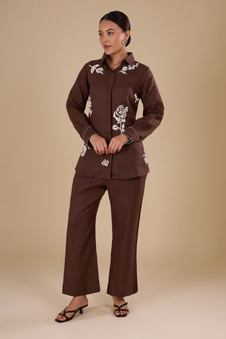 Chocolate Brown Linen Co-ord Set with White Thread Embroidery