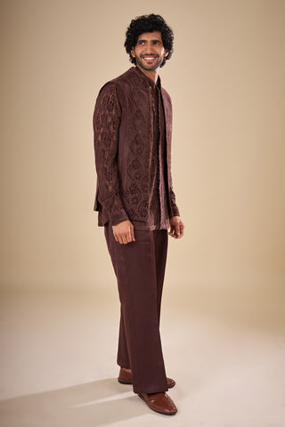 Chocolate Brown Net Embroidered Co-ord Set