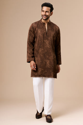Chocolate Brown Satin Mens Kurta Set with Embellished Botanical Print