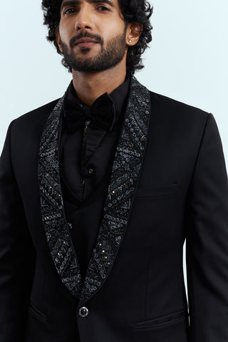 Black Embellished Tuxedo Suit Set