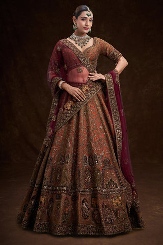 Copper Rust Raw Silk Bridal Lehenga with Palatial Motifs and Zardozi Work