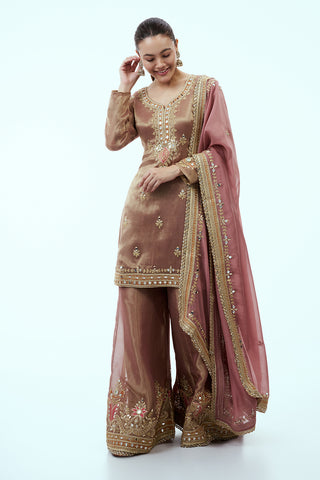 Copper Tissue Palazzo Set with Mirror Work and Pink Dupatta