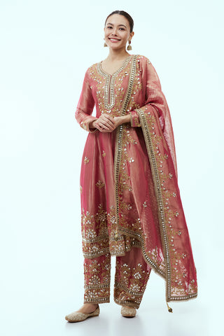 Coral Pink Tissue Anarkali Set with Mirror Work