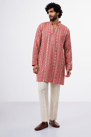 Coral Pink Tissue Silk Men's Kurta Set with Mirror Work