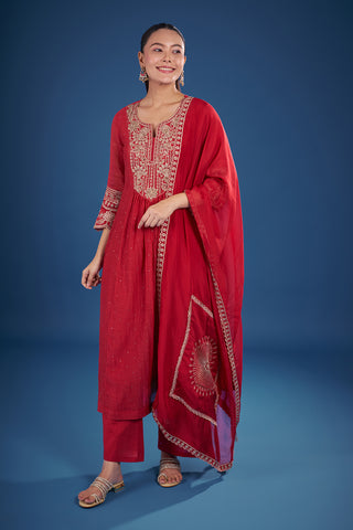 Coral Red Muslin Kurta Set with Zari Embroidery
