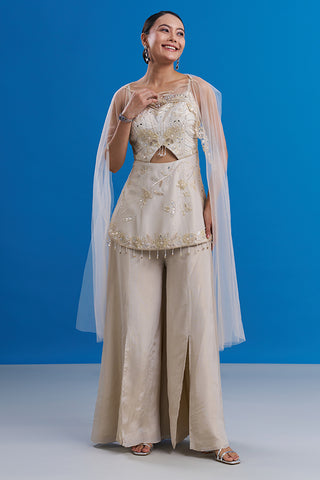 Cream Beige Shimmer Indo-Western Set with Mirror Embroidery