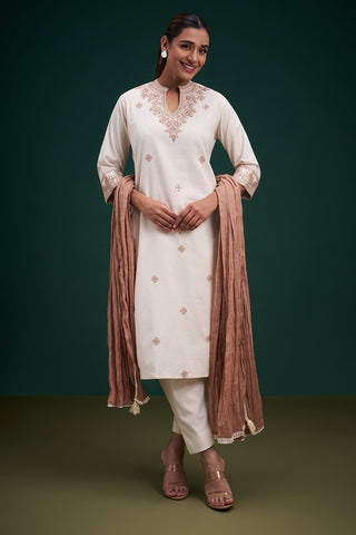 Cream Cotton Jute Salwar Suit with Floral Motifs