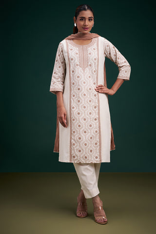 Cream Cotton Jute Salwar Suit with Kashmiri Embroidery and Sequin Work