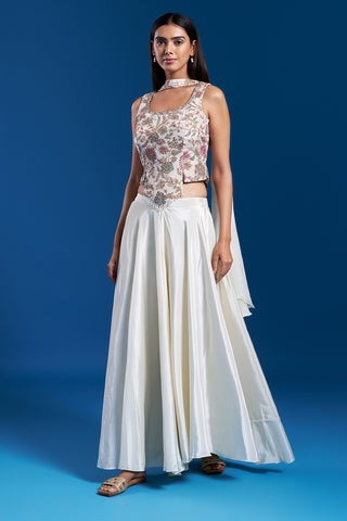 Cream Floral Skirt Set with Aari Work